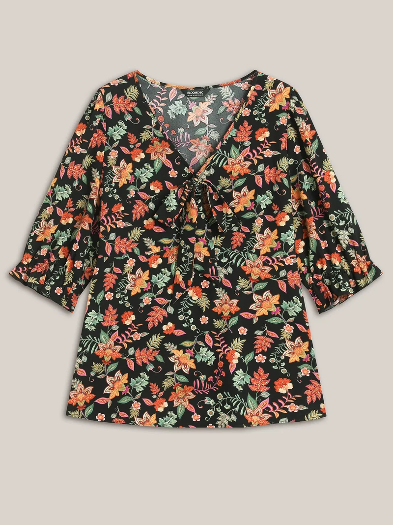Floral Print Knotted Neckline Flared Shirt
