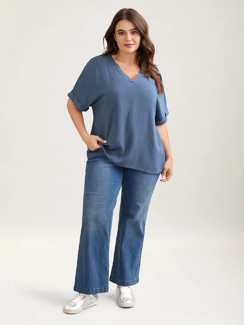 Rayon Dolman Sleeve Notched Collar Blouse