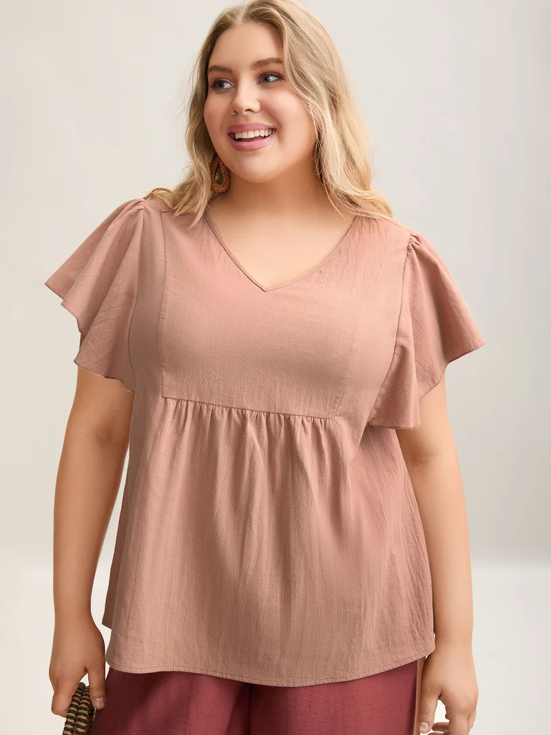 Pure Cotton Flutter Sleeve V-Neck Blouse