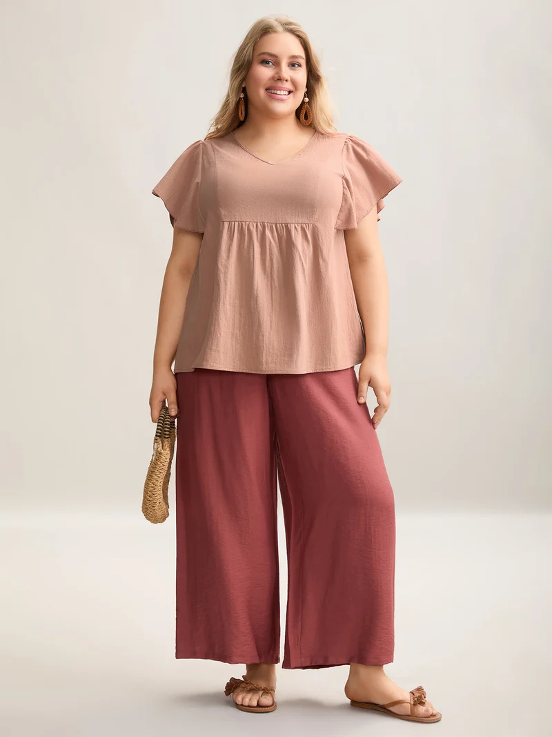 Pure Cotton Flutter Sleeve V-Neck Blouse