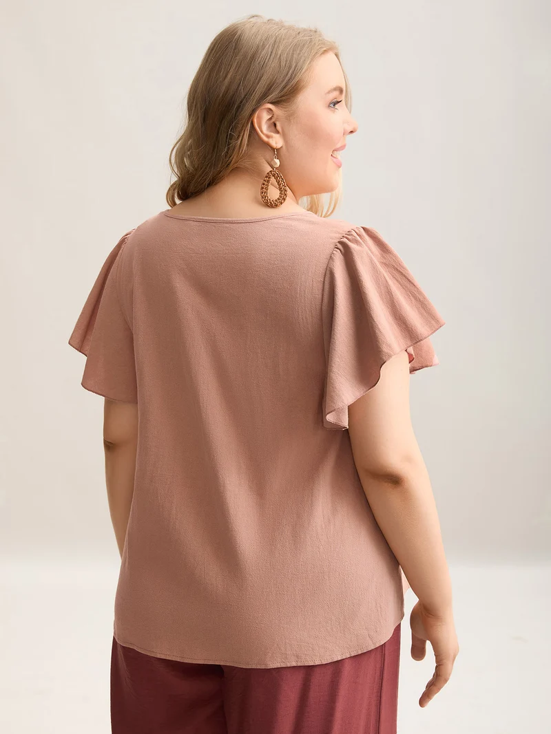 Pure Cotton Flutter Sleeve V-Neck Blouse