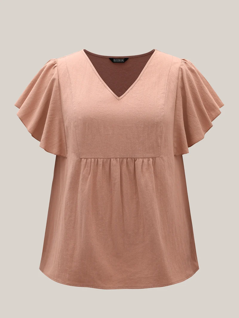 Pure Cotton Flutter Sleeve V-Neck Blouse