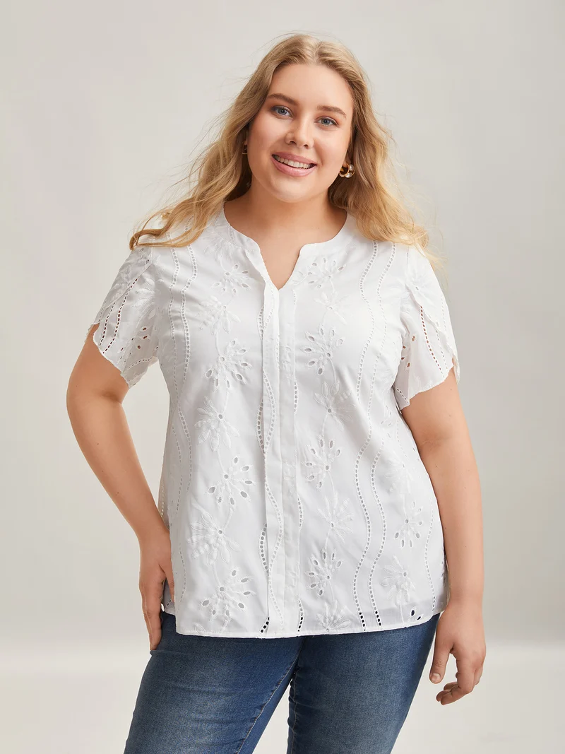 Embroidered Petal Sleeve Sheer Shirt
