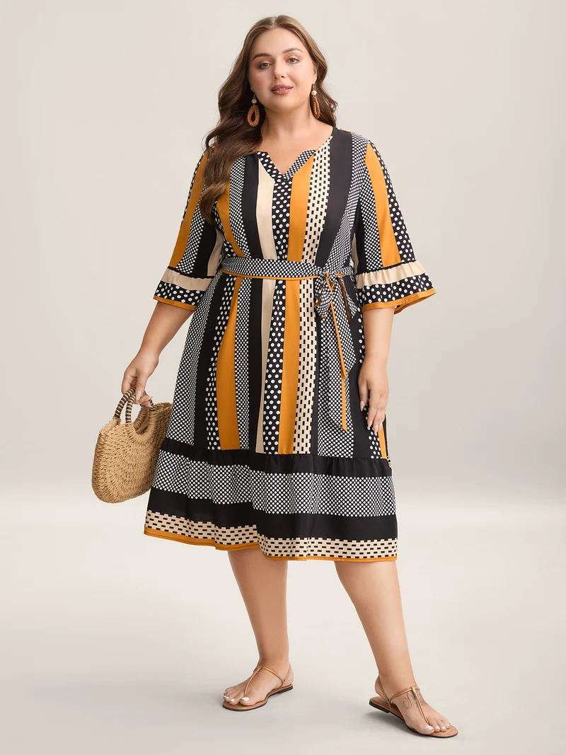 Geometric Print Split Neck Tied Midi Dress