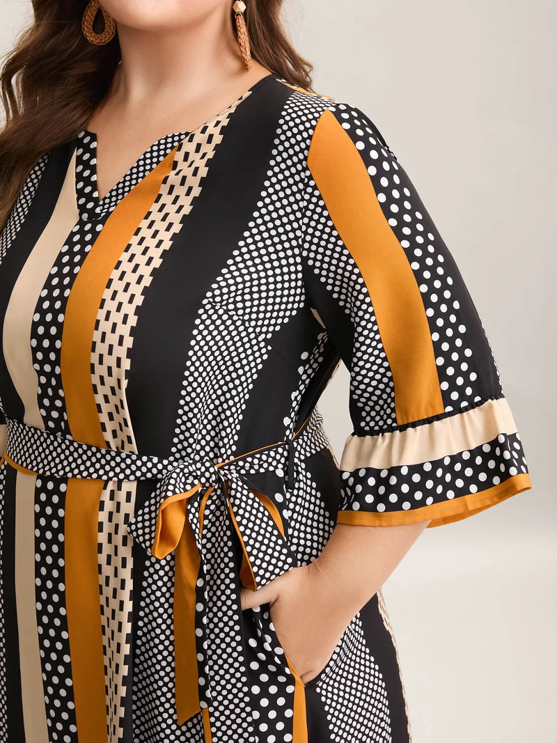Geometric Print Split Neck Tied Midi Dress