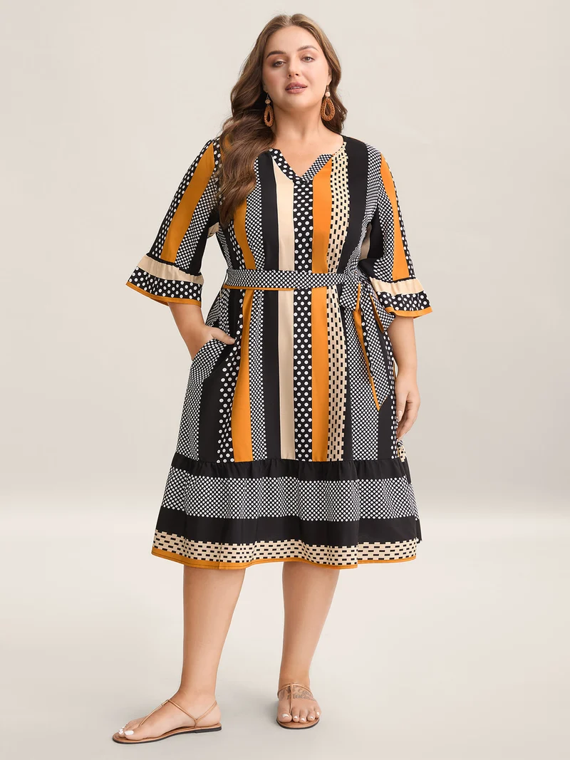Geometric Print Split Neck Tied Midi Dress