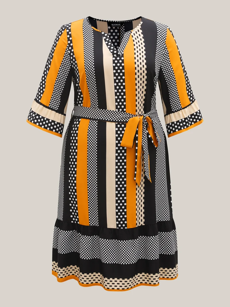 Geometric Print Split Neck Tied Midi Dress