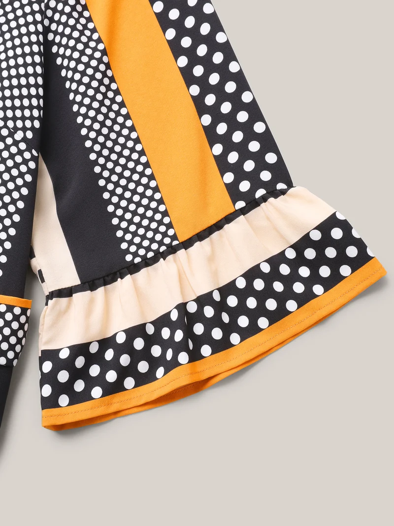 Geometric Print Split Neck Tied Midi Dress