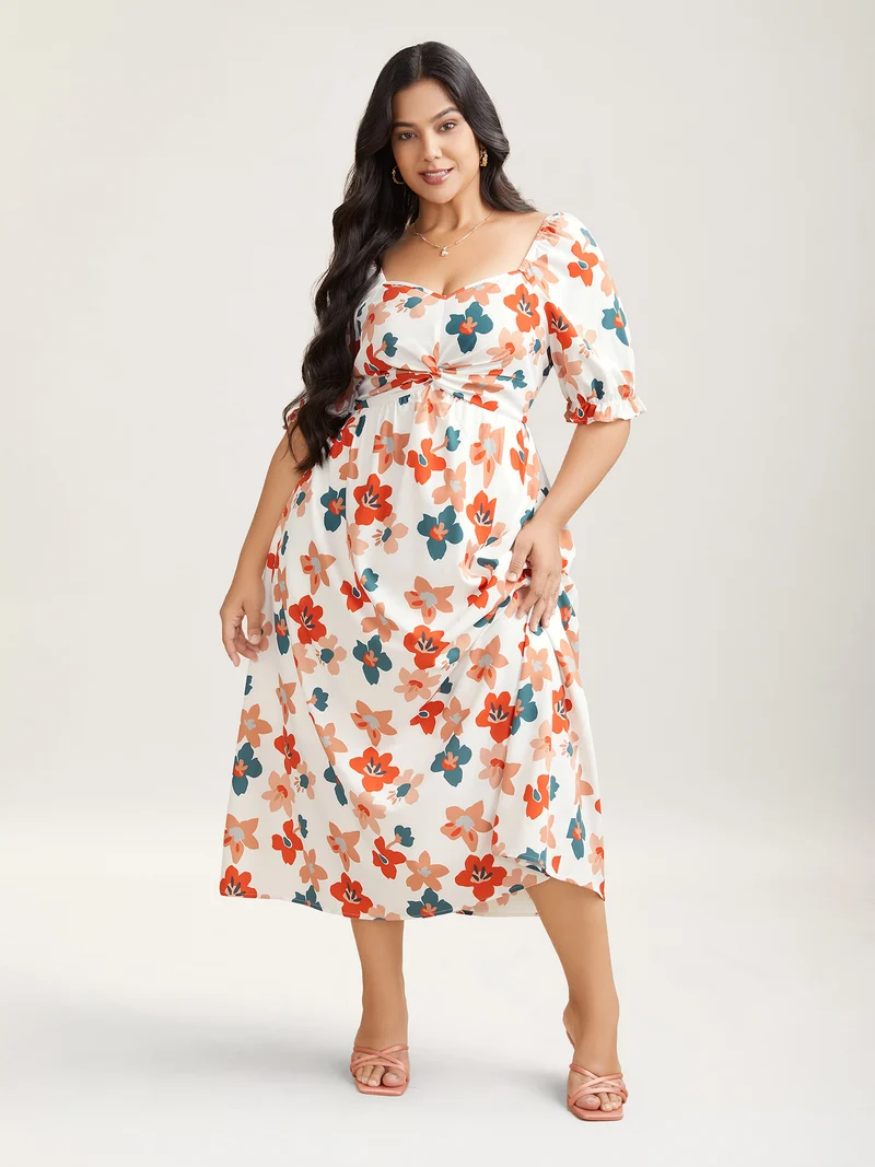 Sweet Floral Front-Twist Lined Maxi Dress