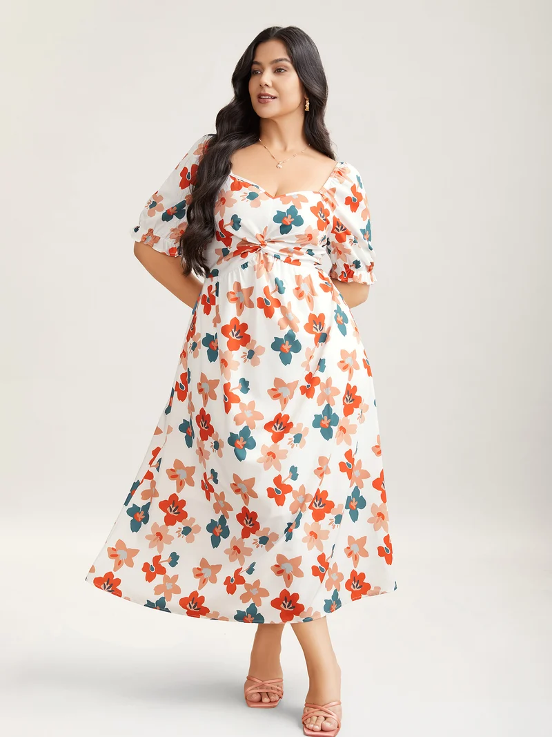 Sweet Floral Front-Twist Lined Maxi Dress