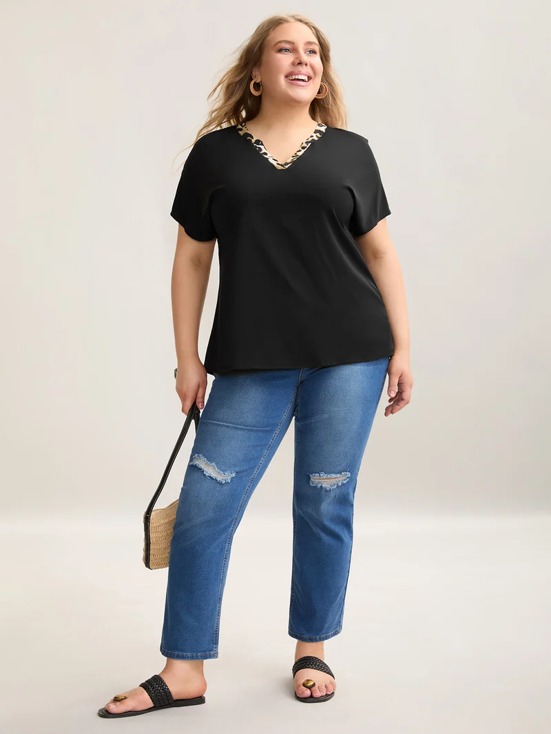 Leopard Print Spliced Plain Blouse