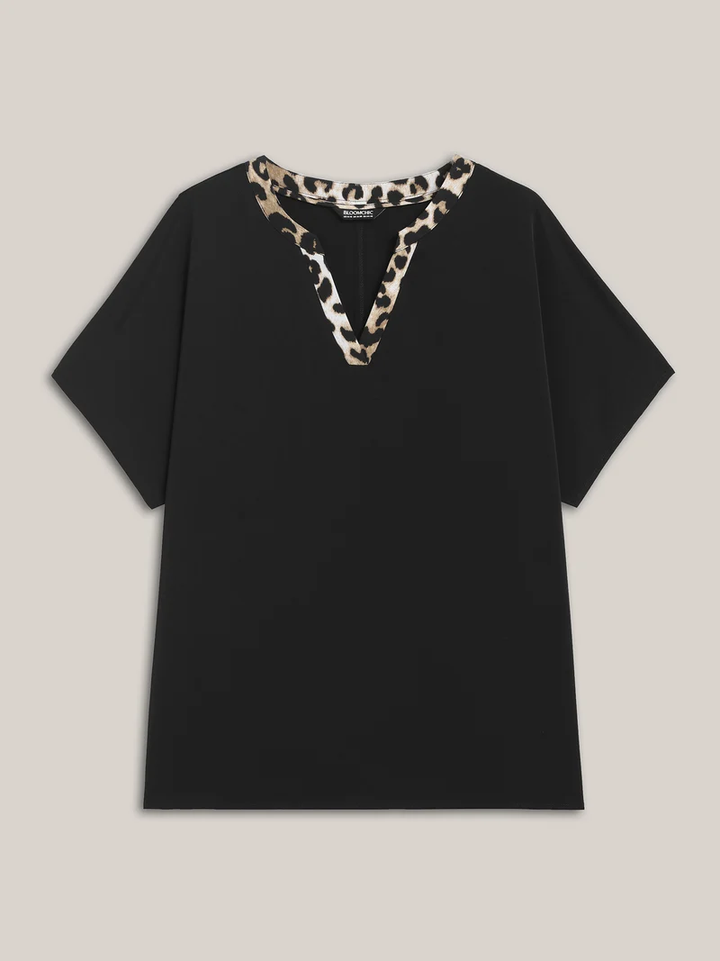 Leopard Print Spliced Plain Blouse