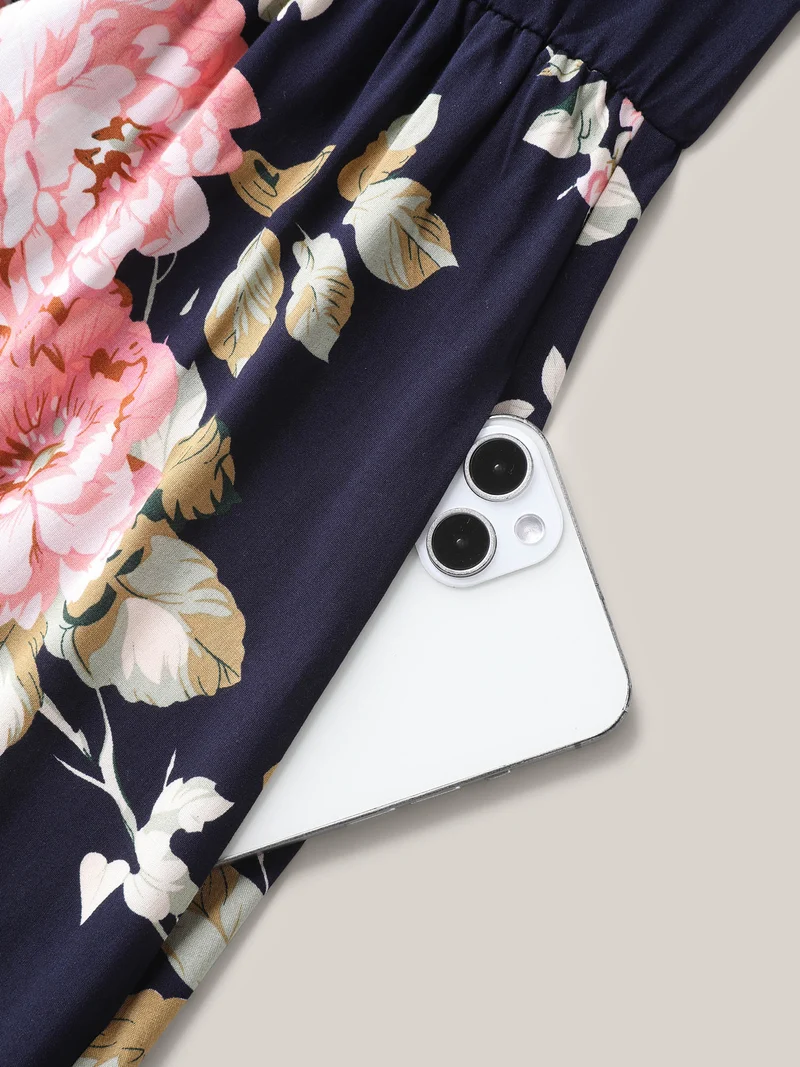 Ruffled Neck Off-Shoulder Floral Midi Dress