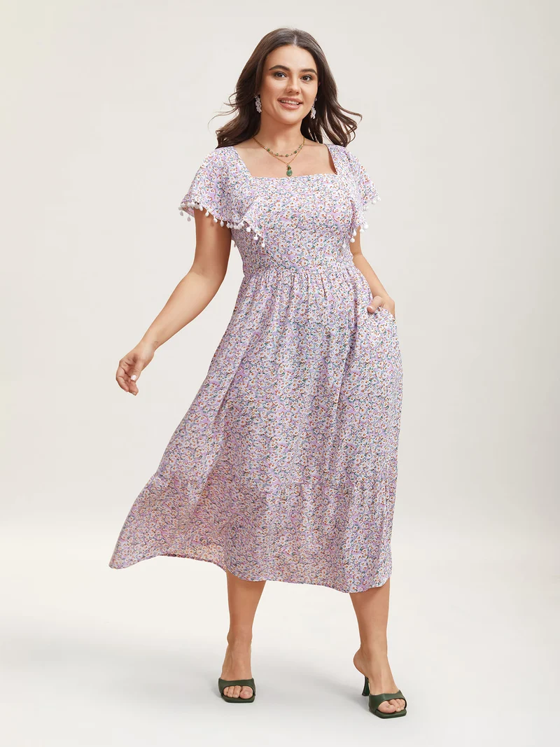 Square Neck Floral Print Tassels Tiered Midi Dress
