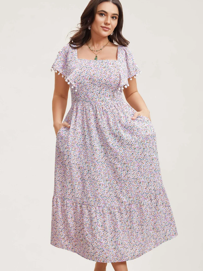 Square Neck Floral Print Tassels Tiered Midi Dress