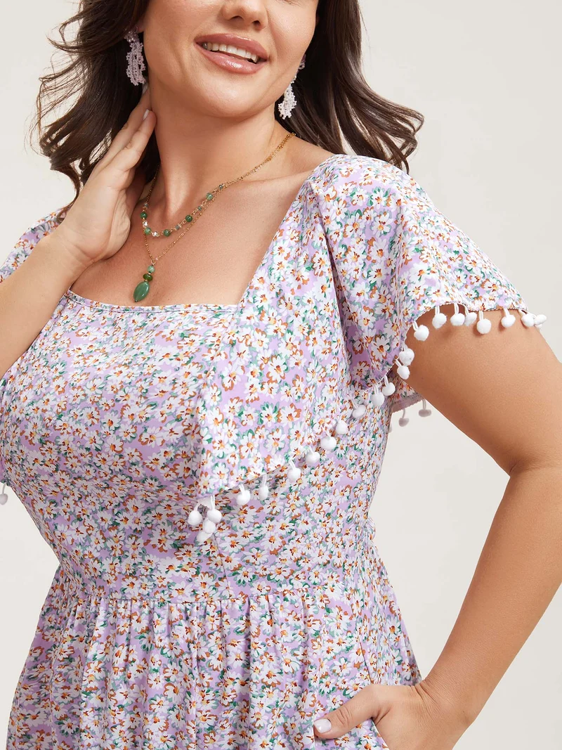 Square Neck Floral Print Tassels Tiered Midi Dress