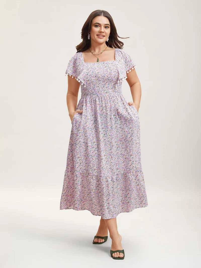 Square Neck Floral Print Tassels Tiered Midi Dress