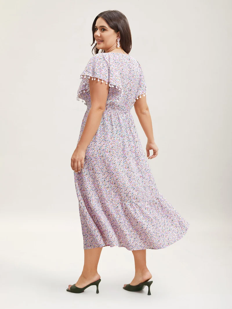 Square Neck Floral Print Tassels Tiered Midi Dress