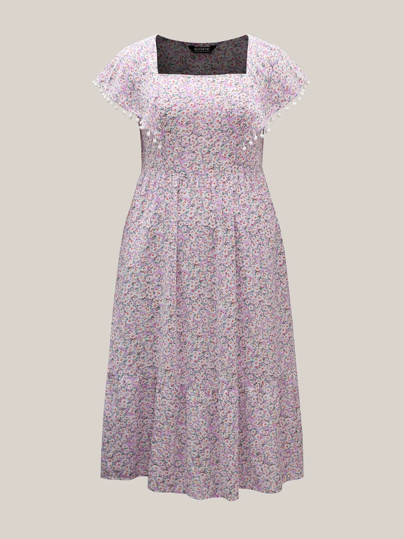 Square Neck Floral Print Tassels Tiered Midi Dress