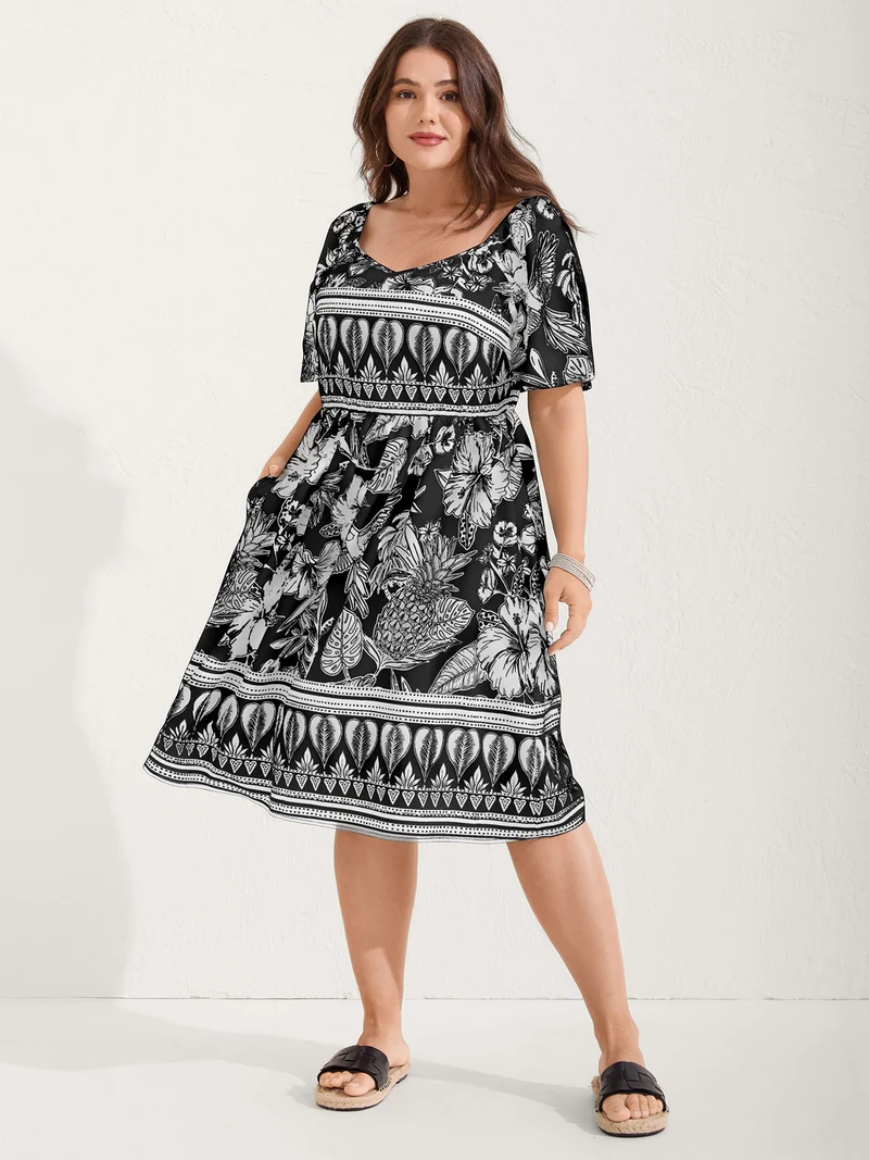 Boho Print Fit Flare Pockets Midi Dress