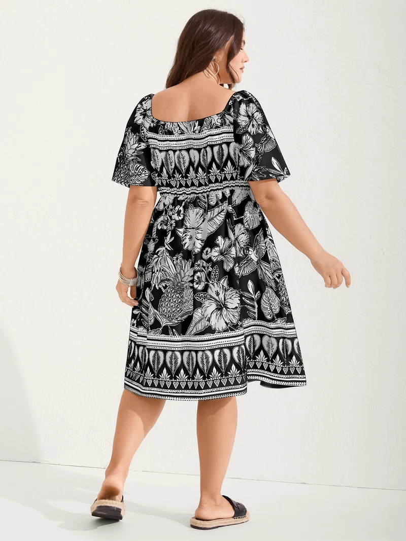 Boho Print Fit Flare Pockets Midi Dress