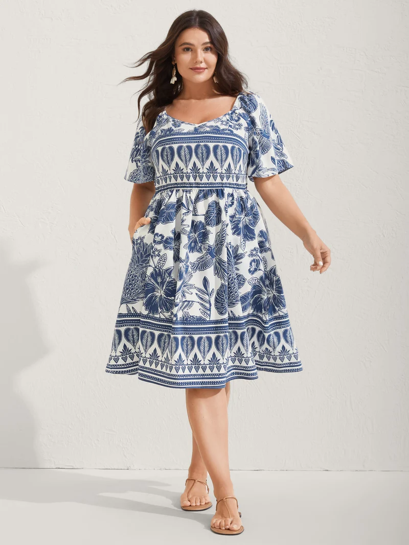 Boho Print Fit Flare Pockets Midi Dress