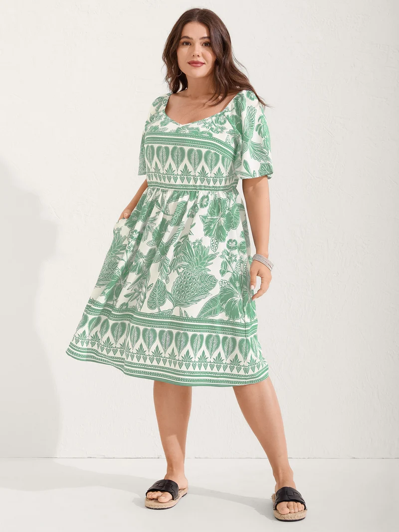 Boho Print Fit Flare Pockets Midi Dress