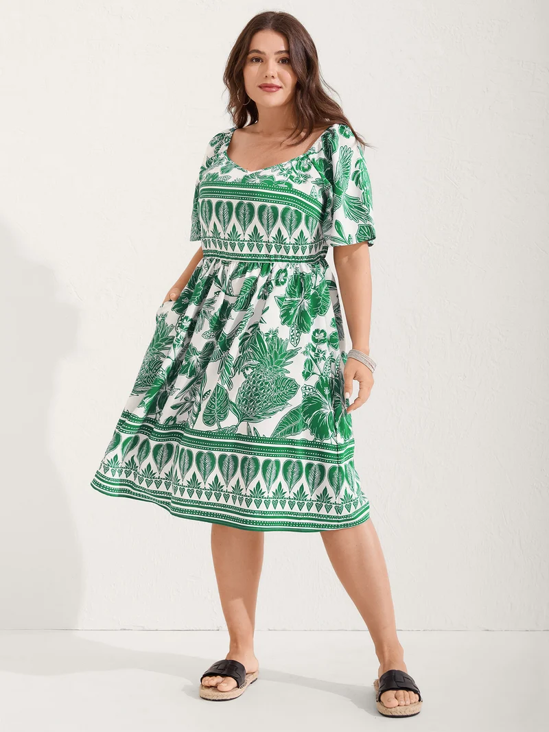 Boho Print Fit Flare Pockets Midi Dress