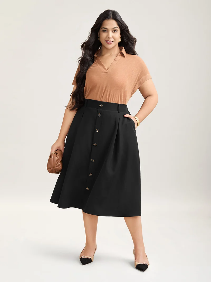 Buckled Button Front Pleated Midi Skirt