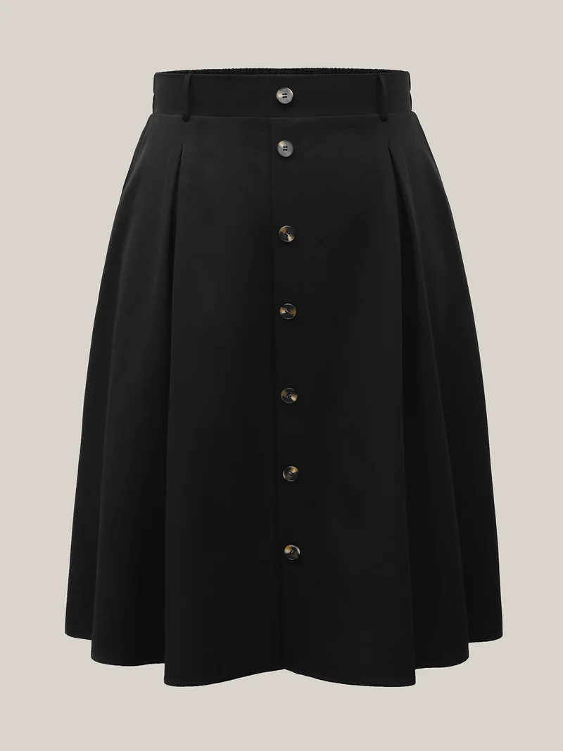 Buckled Button Front Pleated Midi Skirt