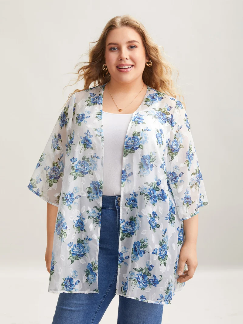 Textured Printed Puff Sleeve Kimono Cardigan