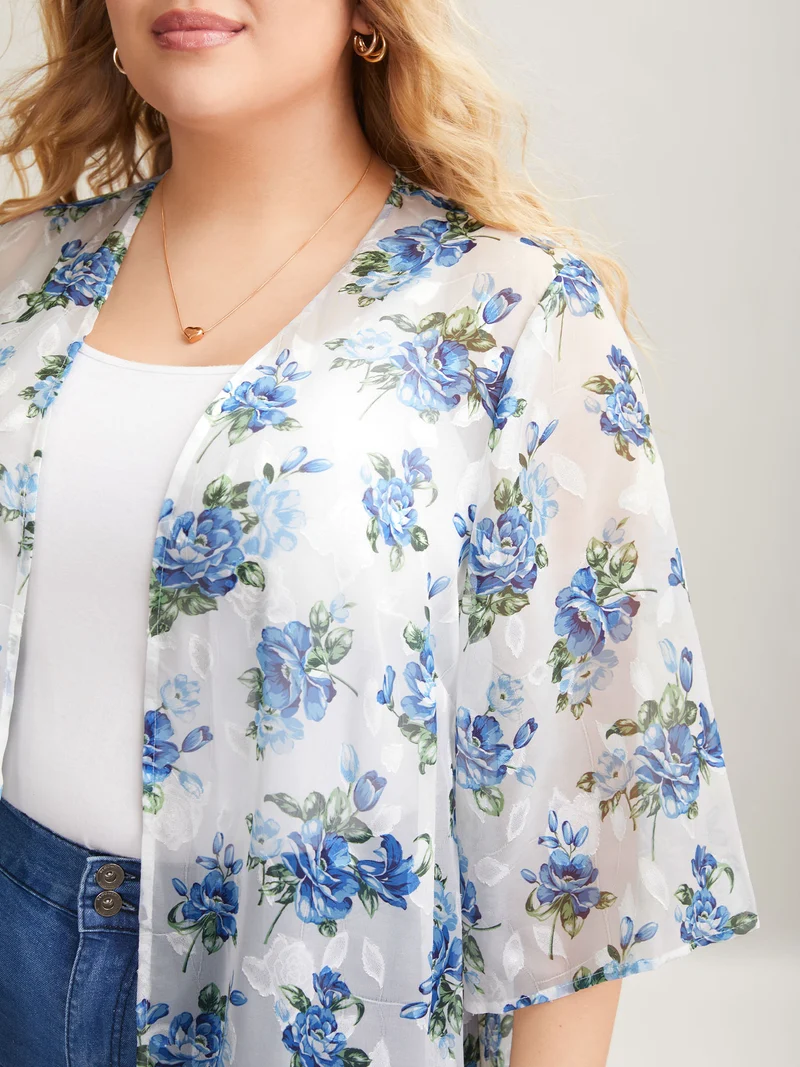 Textured Printed Puff Sleeve Kimono Cardigan