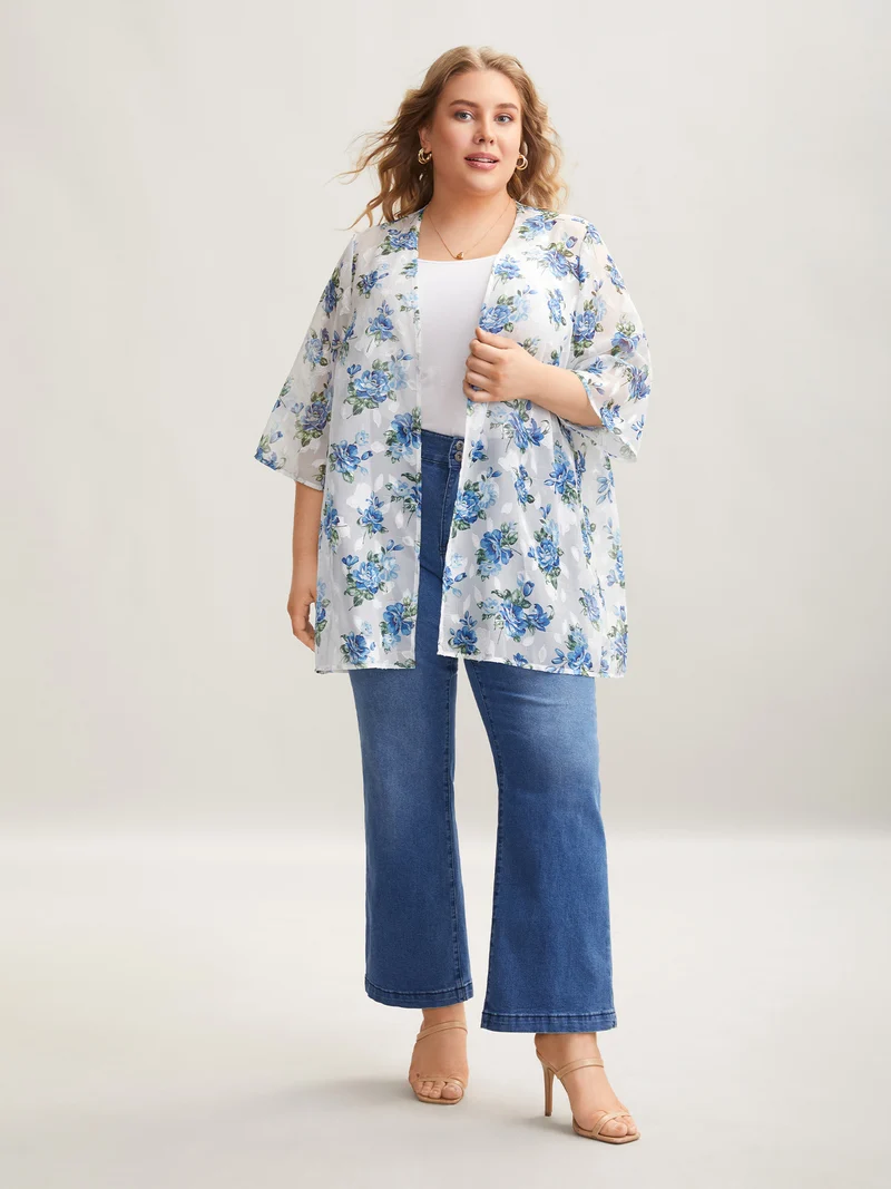Textured Printed Puff Sleeve Kimono Cardigan