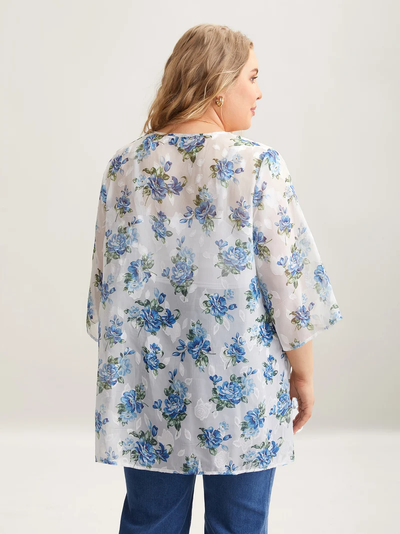 Textured Printed Puff Sleeve Kimono Cardigan