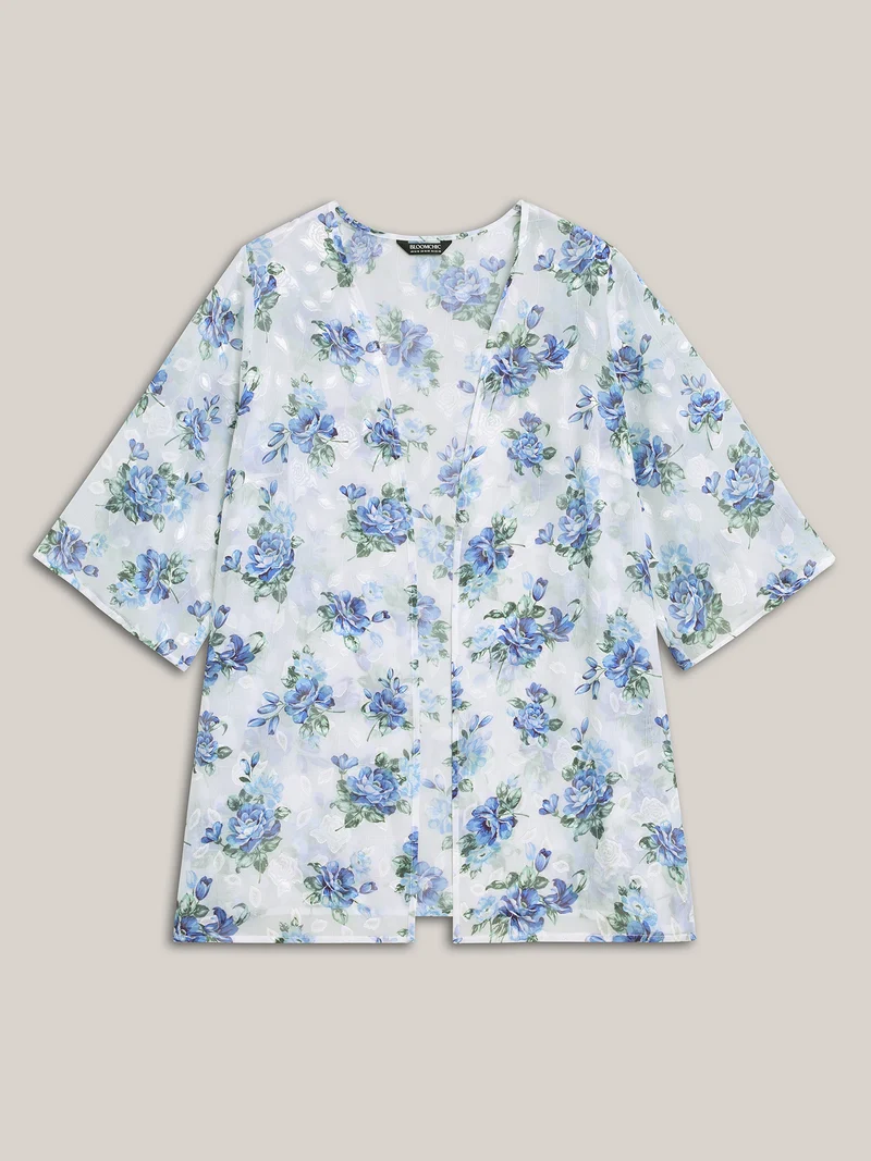 Textured Printed Puff Sleeve Kimono Cardigan