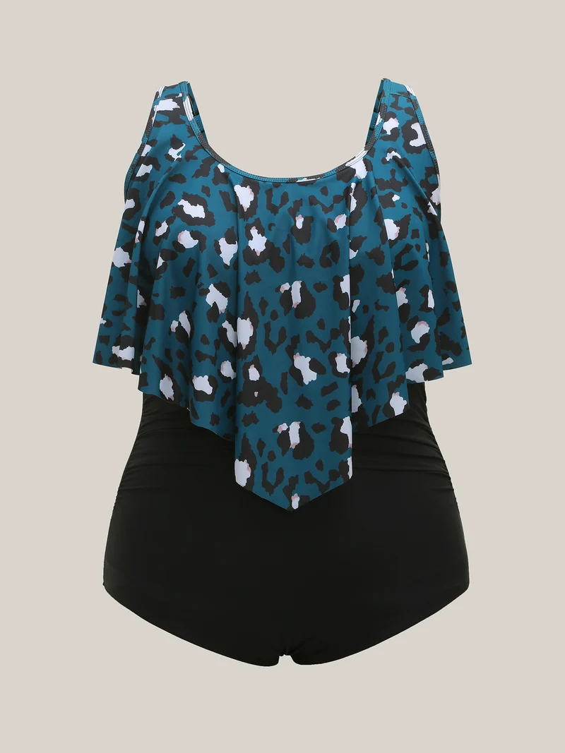 Leopard Print Layered One-Piece Swimsuit