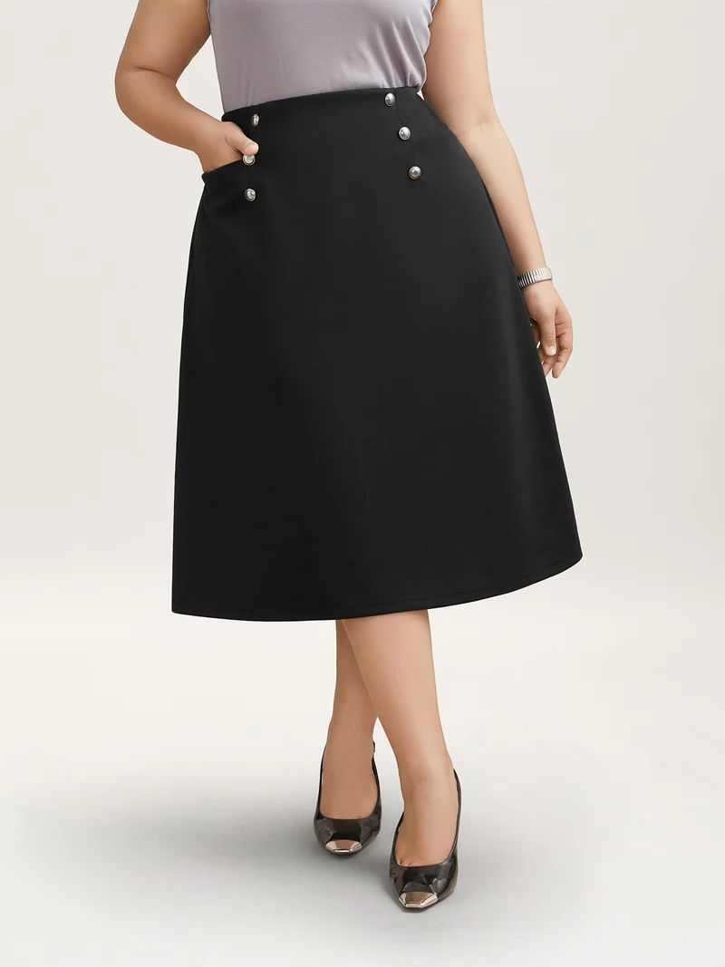 Buckle Side Buttons Flared Midi Skirt