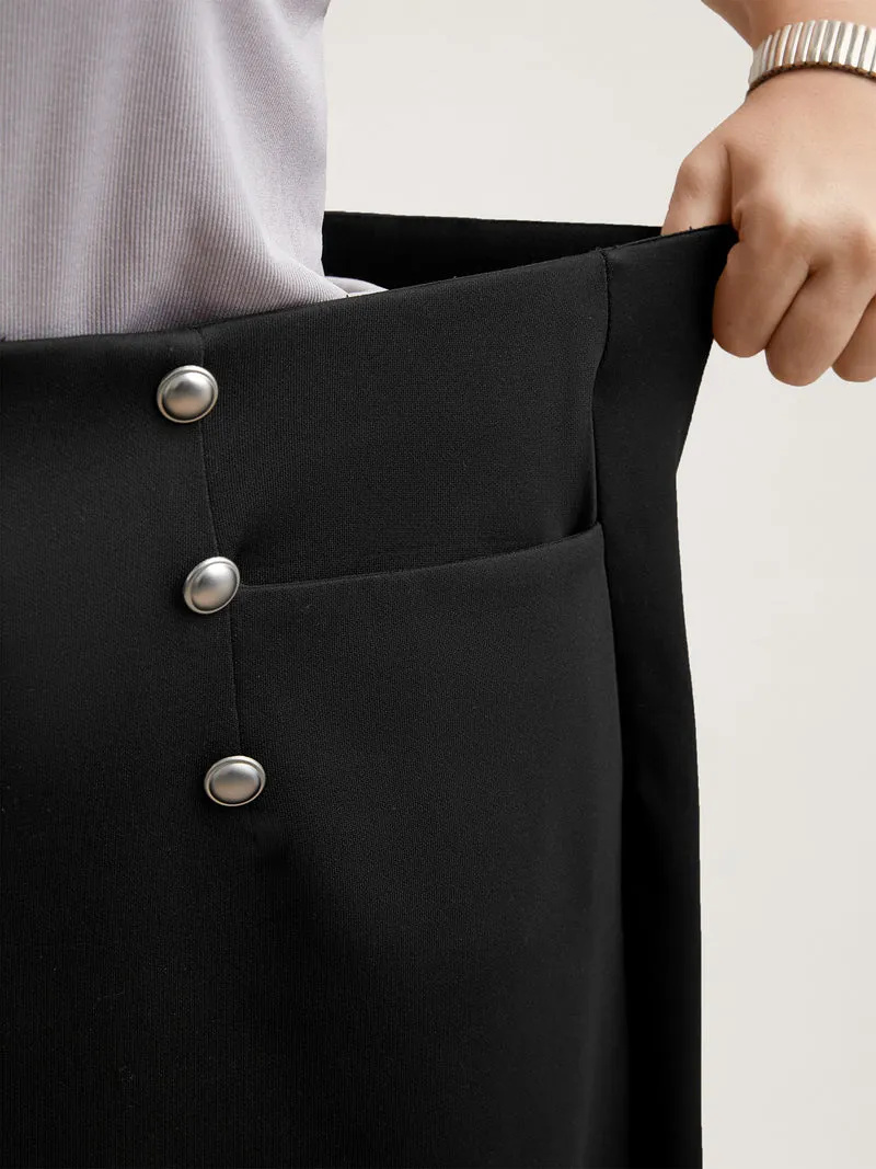 Buckle Side Buttons Flared Midi Skirt