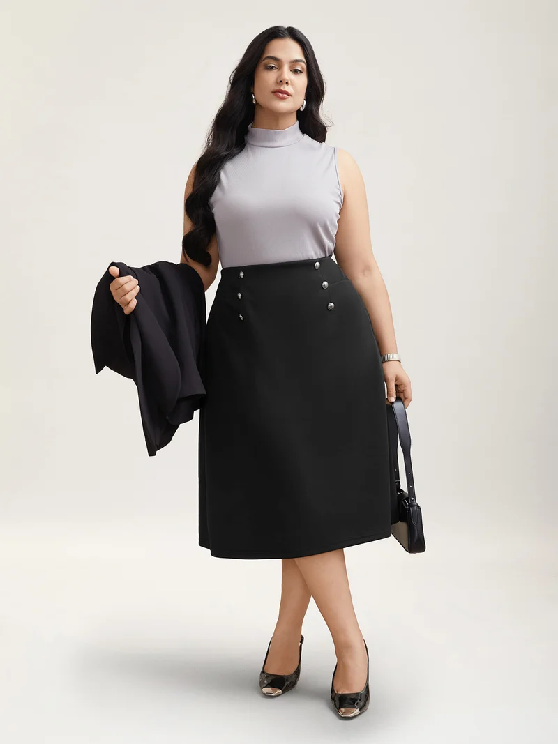 Buckle Side Buttons Flared Midi Skirt