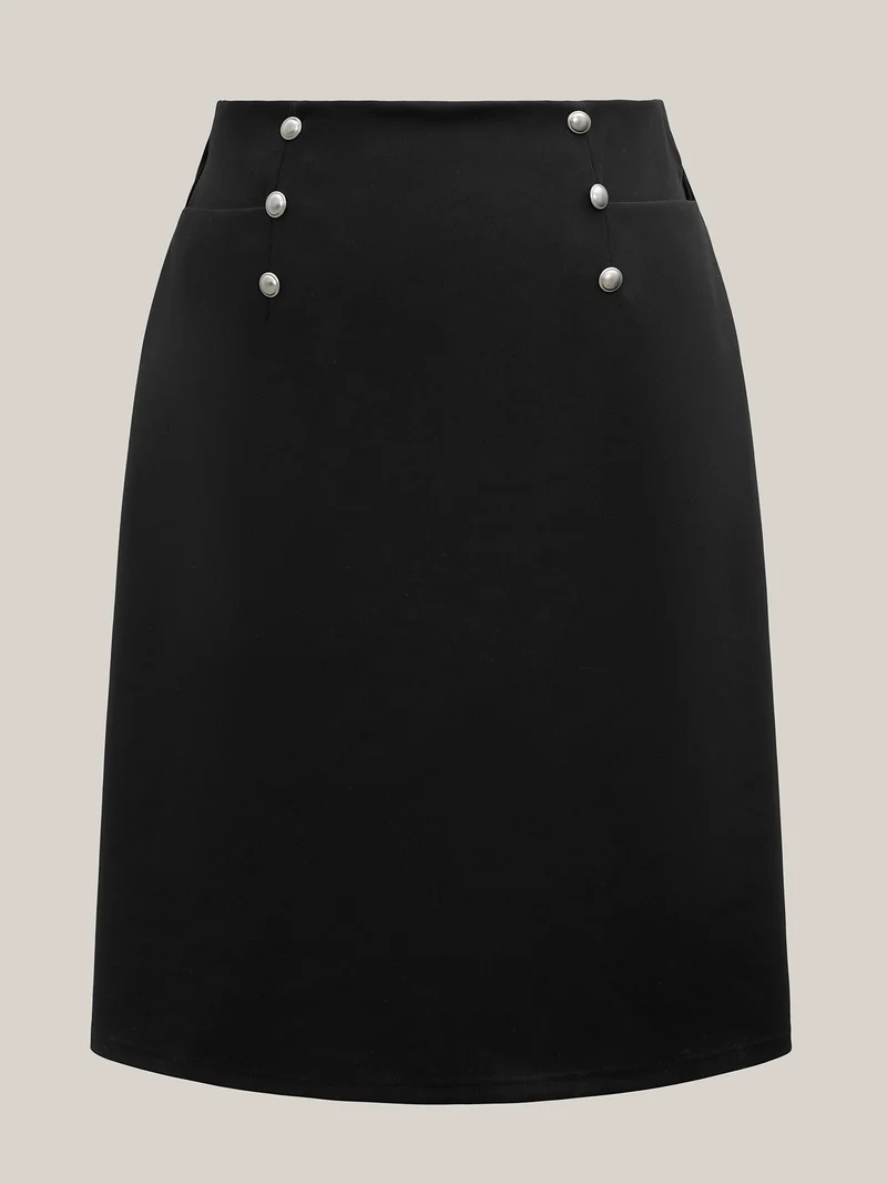 Buckle Side Buttons Flared Midi Skirt