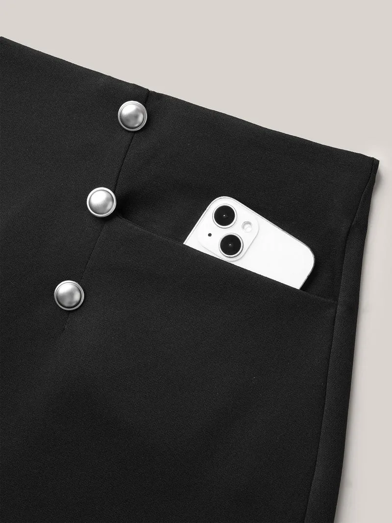 Buckle Side Buttons Flared Midi Skirt
