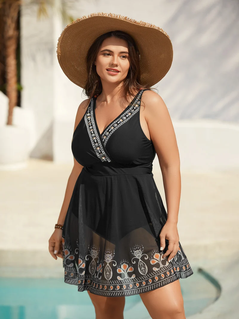Embroidered Boho Print Surplice Neck Swim Dress