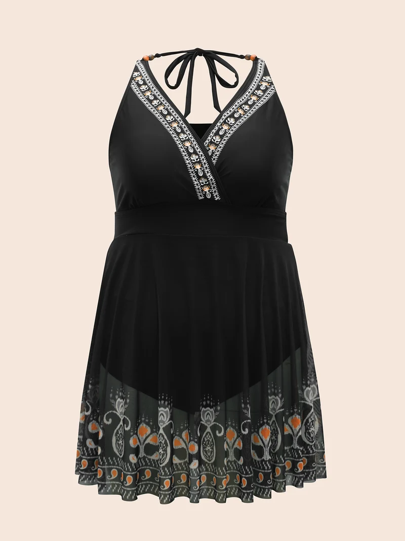 Embroidered Boho Print Surplice Neck Swim Dress