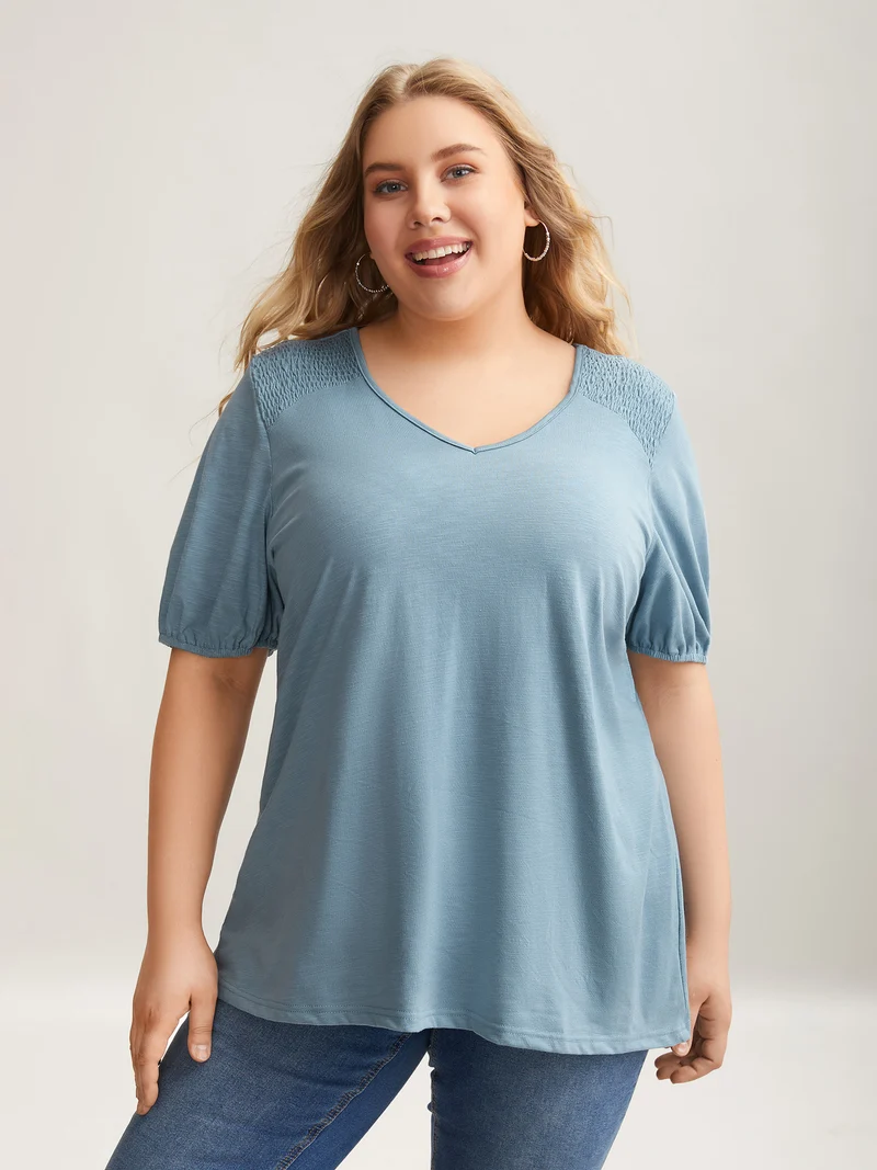 Bamboo Shirred Shoulder V-Neck T-Shirt