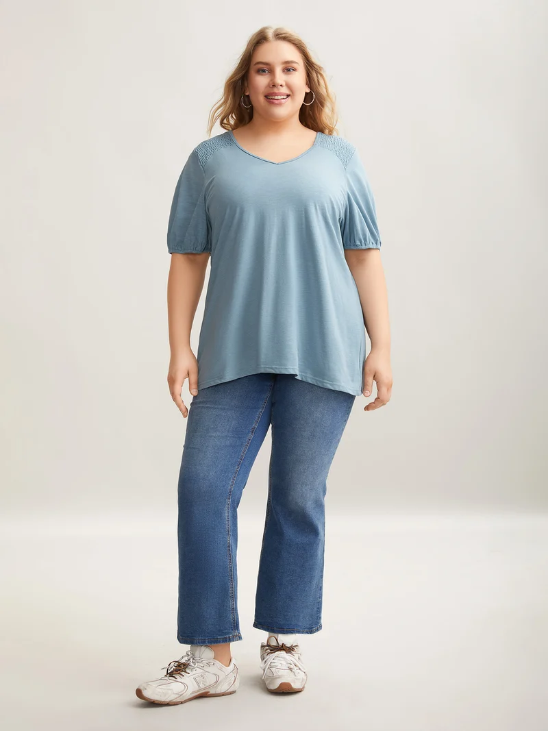 Bamboo Shirred Shoulder V-Neck T-Shirt