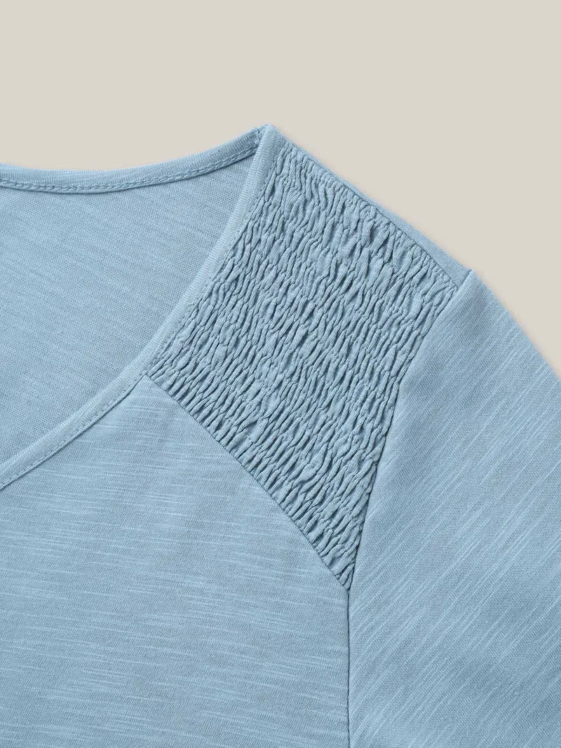 Bamboo Shirred Shoulder V-Neck T-Shirt