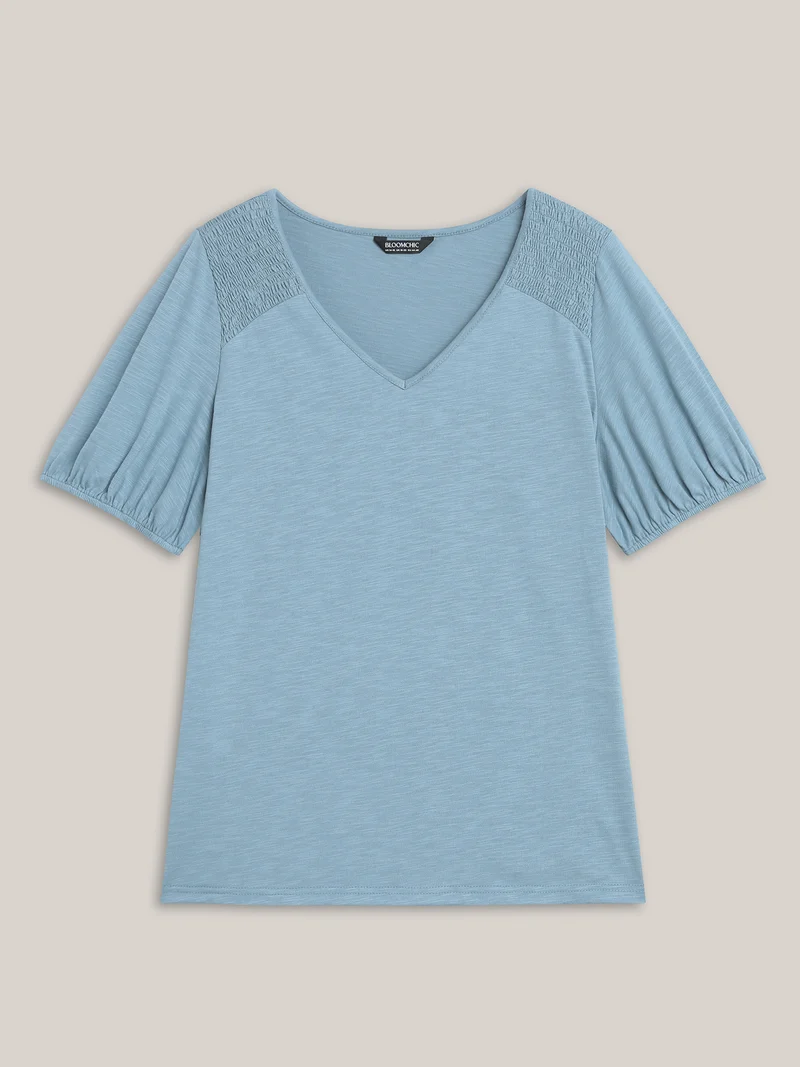 Bamboo Shirred Shoulder V-Neck T-Shirt