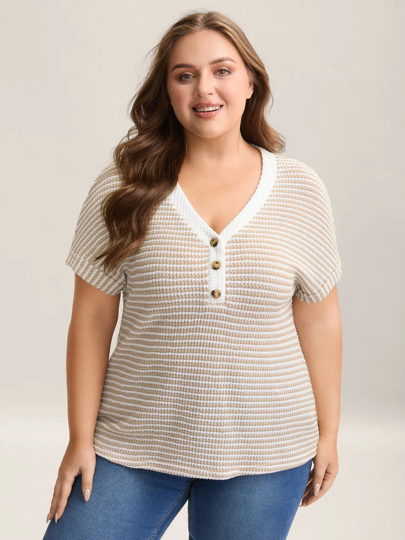 Striped Half Placket Waffle T-Shirt