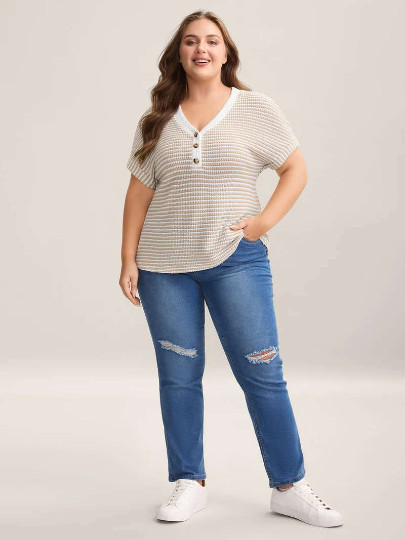 Striped Half Placket Waffle T-Shirt