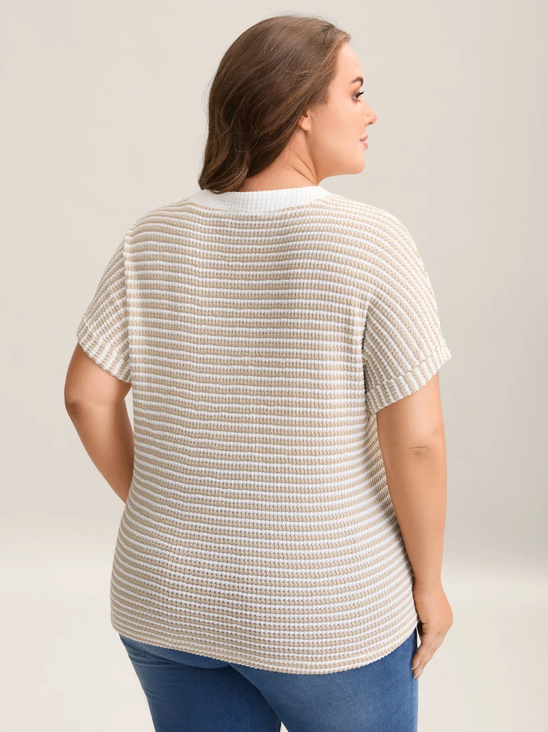 Striped Half Placket Waffle T-Shirt